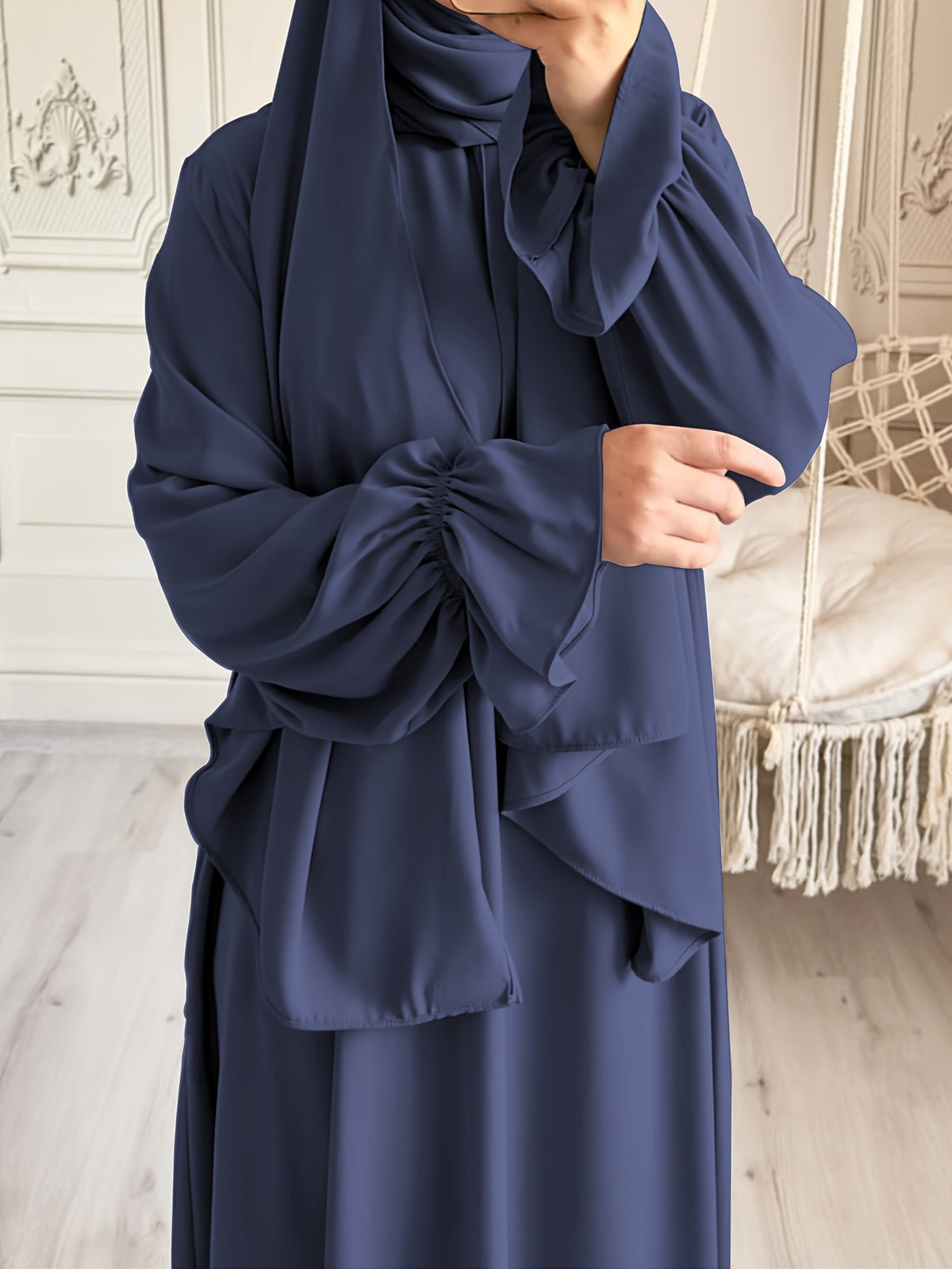 1pc Fashionable, Elegant and Casual One-piece Solid-colored Bellows Sleeve Suitable for Daily Wear. Loose and Comfortable Women's Abaya Robe.abayas for Women Muslim Kleider Damen Abaya for Women Stylish Khimar Ladies Abaya - Navy Color