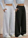 2-Pack Women'S Casual Wide Leg Pants, Elastic Waistband – Loose Fit, Mid-Stretch Fabric, Machine Washable, Spring/Summer/Fall Casual Wear, Jogger Pants, Loungewear, Medium Elasticity Long Pants - Light Grey+Black