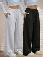 2-Pack Women'S Casual Wide Leg Pants, Elastic Waistband – Loose Fit, Mid-Stretch Fabric, Machine Washable, Spring/Summer/Fall Casual Wear, Jogger Pants, Loungewear, Medium Elasticity Long Pants - Light Grey+Black