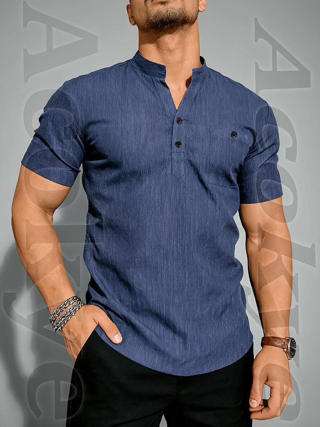 Henley Shirt Men's High-Quality Summer Short-Sleeve Henley T-Shirt - Men's Top, Old Money Style, Suitable for Golf Attire, Outdoor Camping, Fishing, and Daily Casual Wear - Navy Color