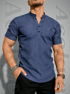 Henley Shirt Men's High-Quality Summer Short-Sleeve Henley T-Shirt - Men's Top, Old Money Style, Suitable for Golf Attire, Outdoor Camping, Fishing, and Daily Casual Wear - Navy Color
