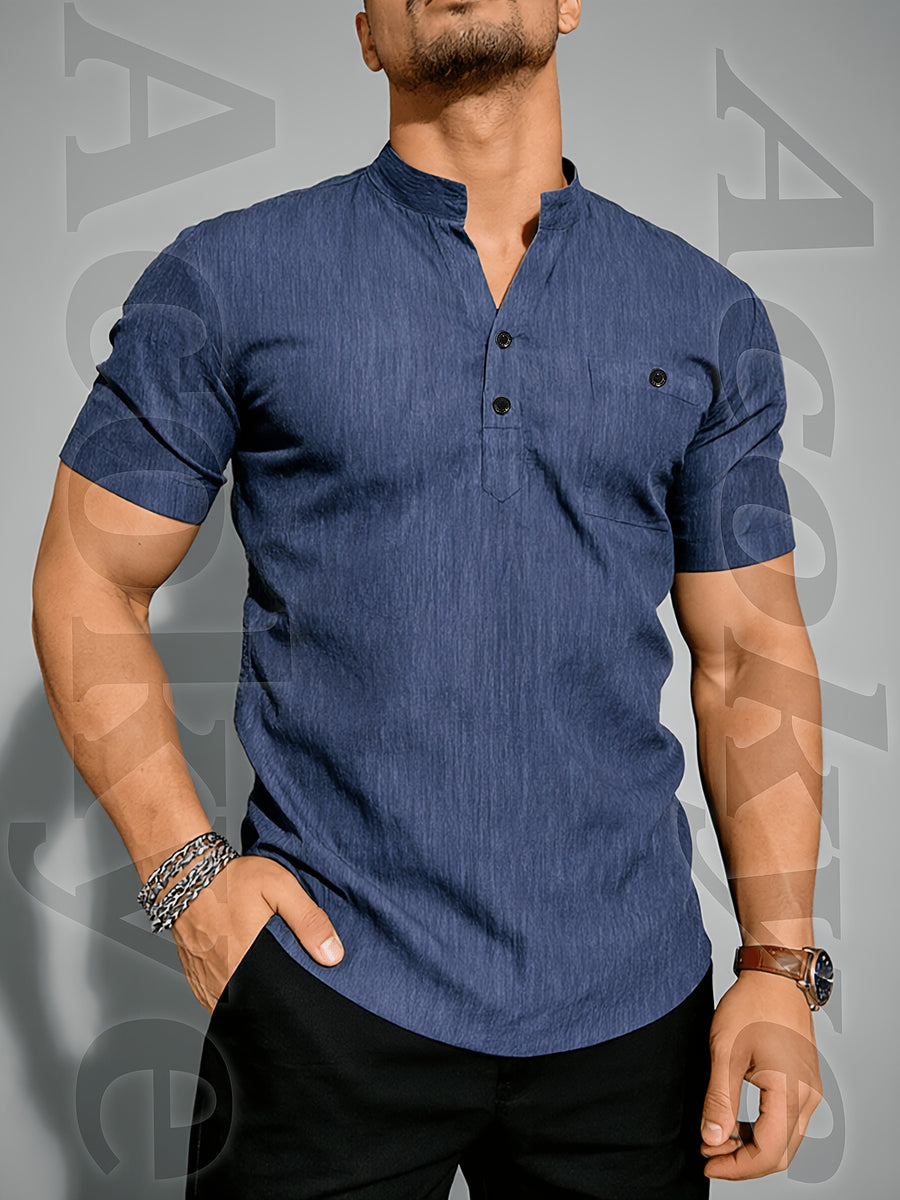 Henley Shirt Men's High-Quality Summer Short-Sleeve Henley T-Shirt - Men's Top, Old Money Style, Suitable for Golf Attire, Outdoor Camping, Fishing, and Daily Casual Wear - Navy Color