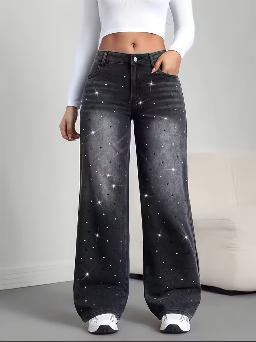 Embellished Elastic Straight Fit Women's Jeans - Dark Gray