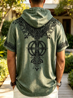 26 Styles Summer Men'S Loose Faith Rune Print Hooded Hip-Hop Trendy Short Sleeve, Casual Commute, Outing Shopping - Olive Green
