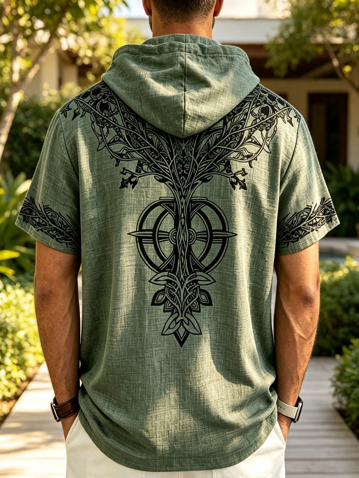 26 Styles Summer Men'S Loose Faith Rune Print Hooded Hip-Hop Trendy Short Sleeve, Casual Commute, Outing Shopping - Olive Green