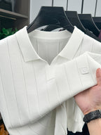 Men'S Knit Polo Shirt Short Sleeve V-Neck Vertical Stripes, Business Casual Spring Summer Commute Top, 1pc Multi-Occasion Ready - White