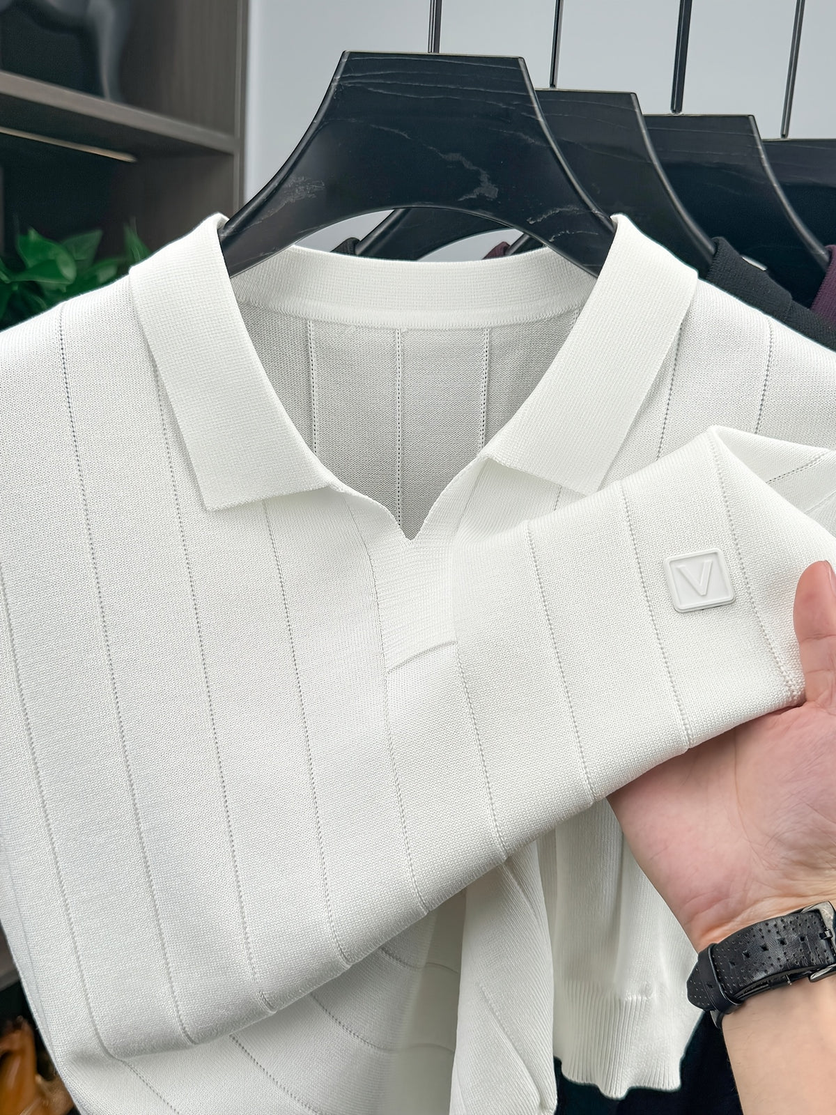 Men'S Knit Polo Shirt Short Sleeve V-Neck Vertical Stripes, Business Casual Spring Summer Commute Top, 1pc Multi-Occasion Ready - White