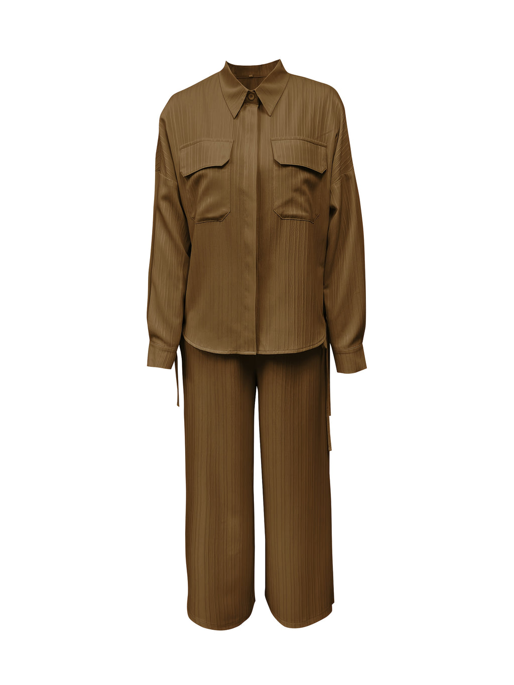 Autumn New Casual Comfortable Versatile Long Sleeve Collared Top And Long Pants 2pcs Set for Women, Belt Not Included - Coffee Color