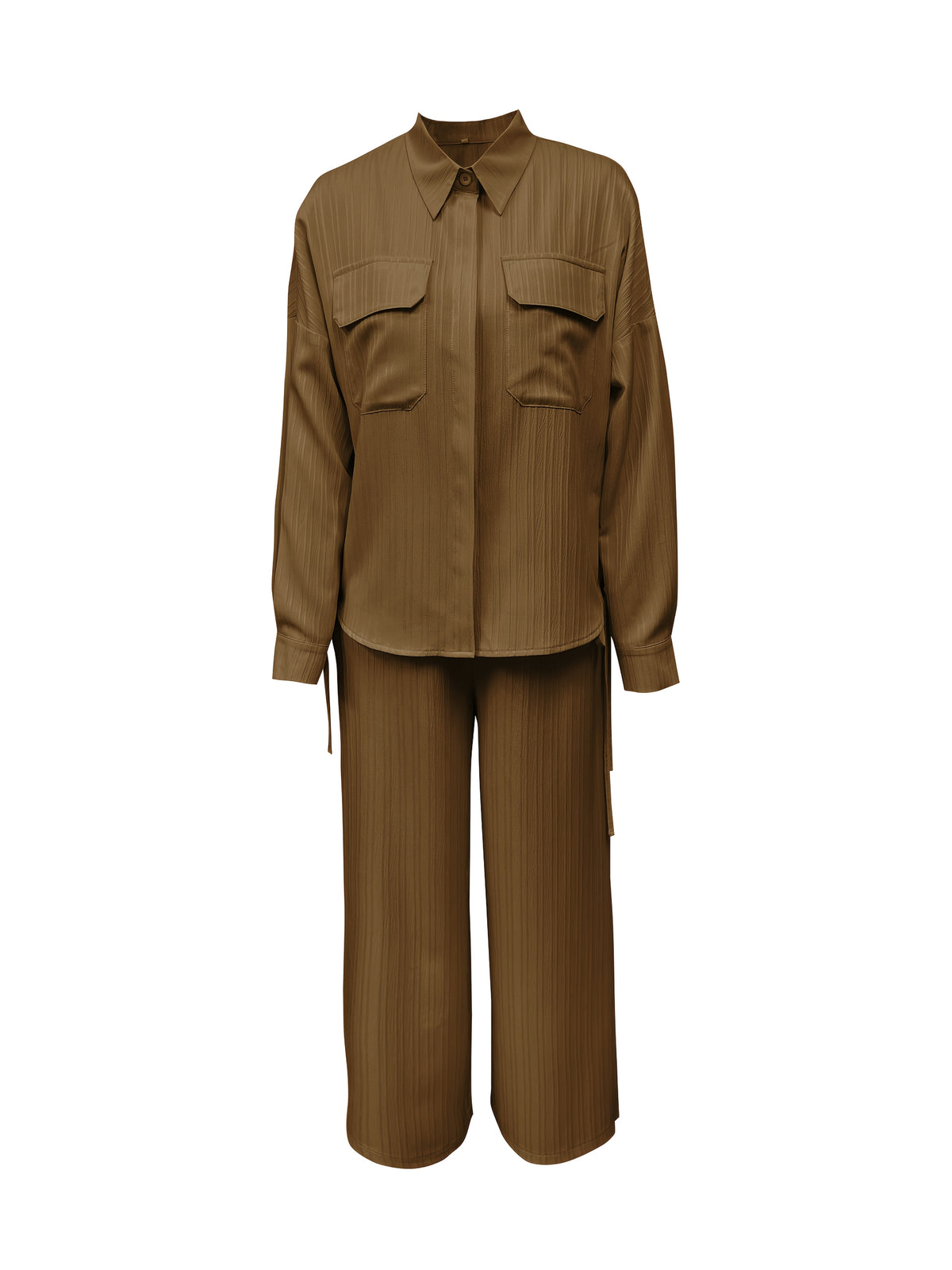 Autumn New Casual Comfortable Versatile Long Sleeve Collared Top And Long Pants 2pcs Set for Women, Belt Not Included - Coffee Color