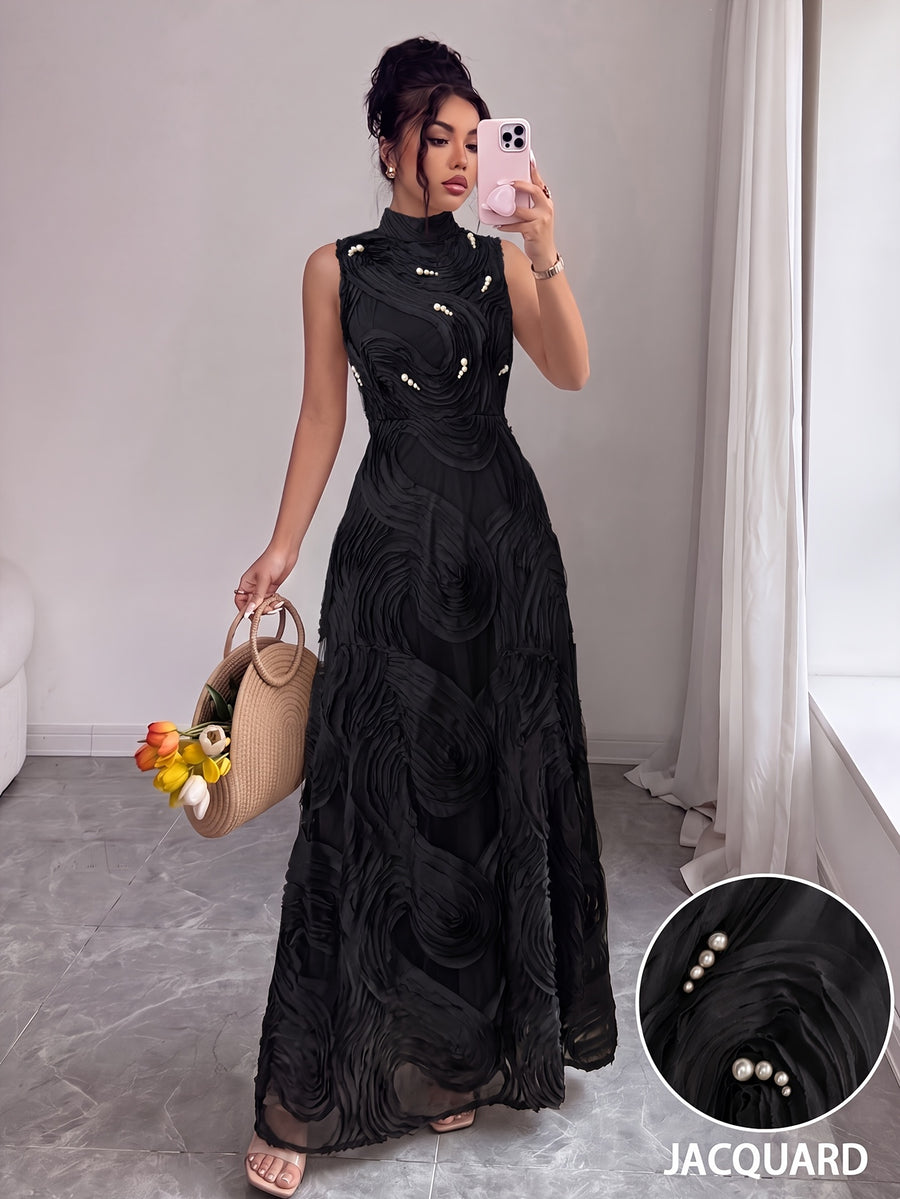 Summer New Style Stand Collar Sleeveless Elegant Evening Dress Women'S 3D Wavy Pleated Sequined Mesh Banquet Dress - Black