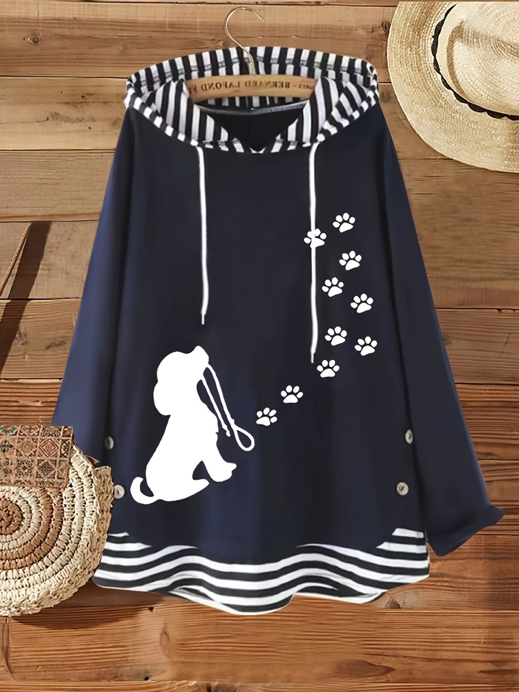 White Puppy Print Striped Patchwork Hoodie, Casual Fashion Elegant Long Sleeve Drawstring Hooded Sweatshirt, Women'S Casual Hoodie - Blue Navy