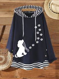 White Puppy Print Striped Patchwork Hoodie, Casual Fashion Elegant Long Sleeve Drawstring Hooded Sweatshirt, Women'S Casual Hoodie - Blue Navy