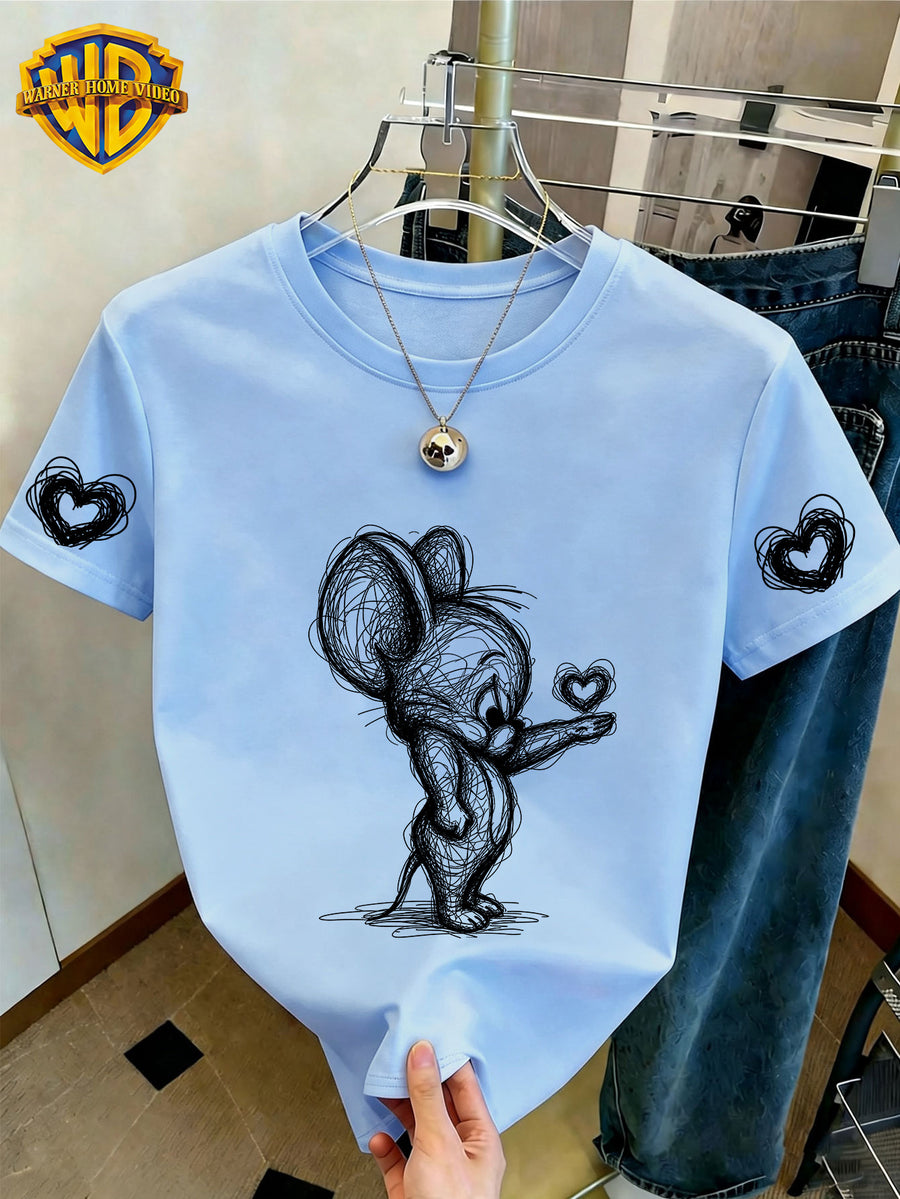 WB Women's Officially Licensed. Mouse & Hearts T-Shirt - Cute Mouse Sketch Short Sleeve Crew Neck Top with Double Heart Cuff Decorations, Casual Summer Suitable for Daily Commute, Home Wear, & Office Outfits - Light Blue