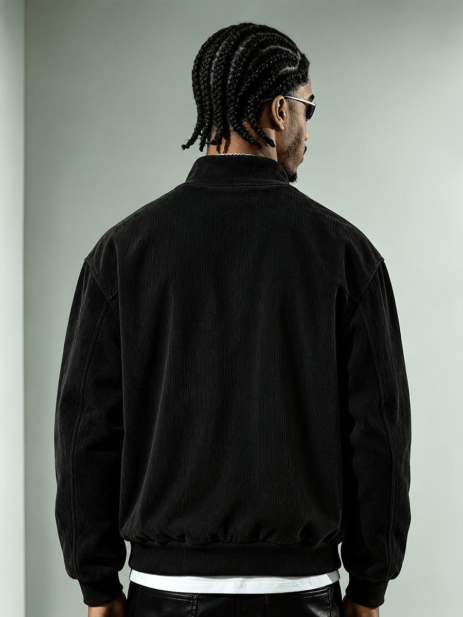 Men'S Corduroy Jacket, Autumn Winter Retro Stand Collar Long Sleeve Coat, Double Pocket Cow Head Print Cargo Casual Top, Loose All-Match Street Style Men'S Jacket - Black