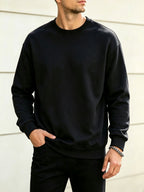2pcs Men'S Spring Autumn Fashion Round Neck Sweatshirts - Knit Long Sleeve, Blend with Slight Stretch, Ideal for Studio And Outdoor Casual Running, True Color Pullover, Perfect Gift - Black+gray