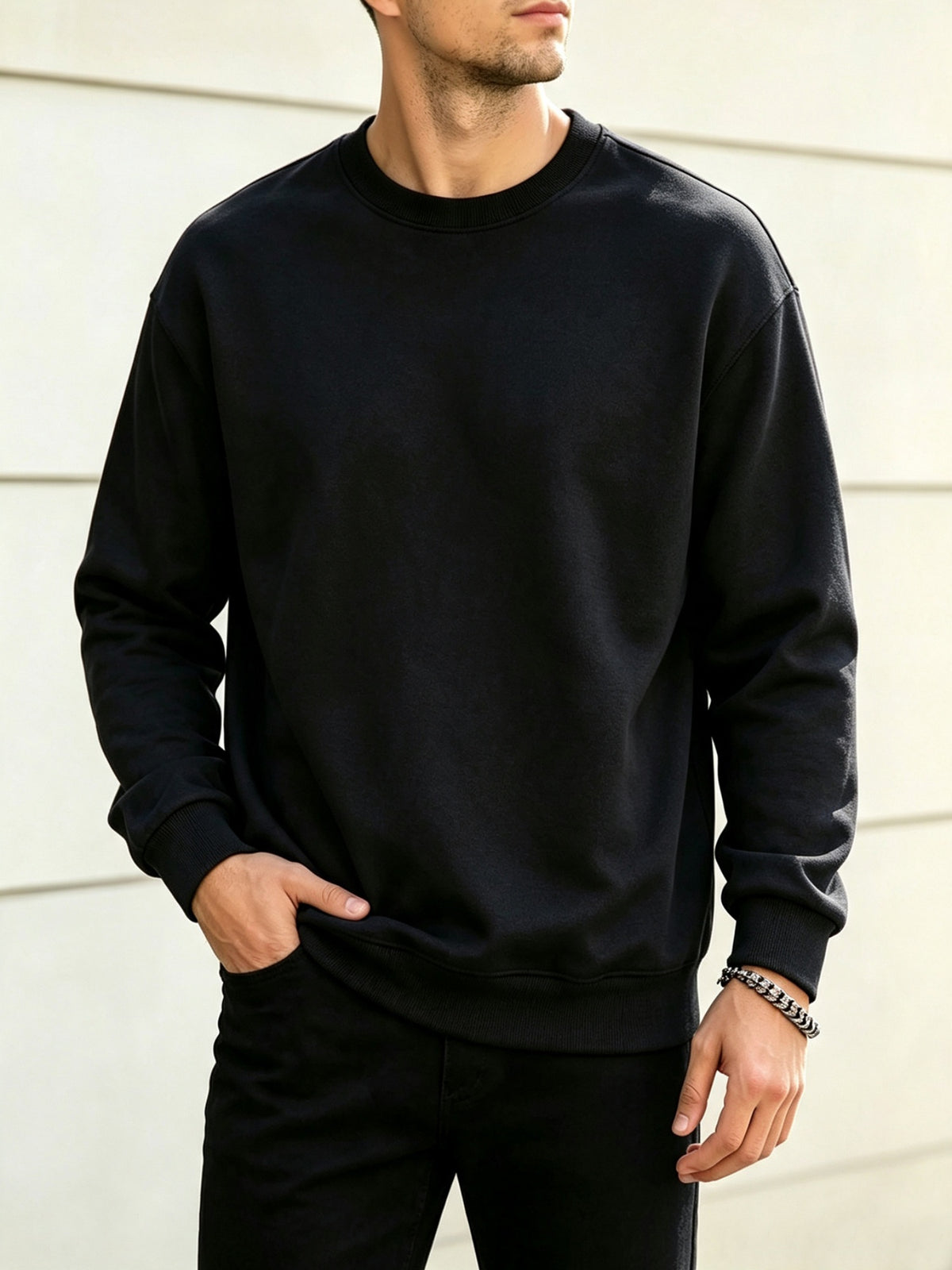 2pcs Men'S Spring Autumn Fashion Round Neck Sweatshirts - Knit Long Sleeve, Blend with Slight Stretch, Ideal for Studio And Outdoor Casual Running, True Color Pullover, Perfect Gift - Black+gray