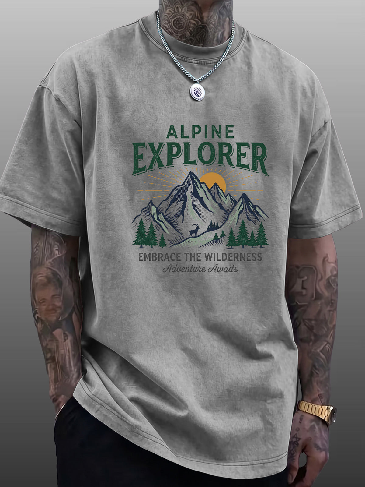 Short Sleeve T-Shirt Men'S Pure Loose Washed Distressed Top Mountain Adventure Forest Sunset Pattern Trendy Reversible Double-Sided Print Multicolor Casual American Street High Street Hip-Hop Style Daily Outing Commute Fitness Couple Style Y2K Natio - Grey