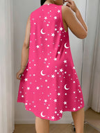 Women'S Plus Size Sleeveless Vest Dress with Star And Moon All-Over Print, Spring Summer Style, Very Comfortable Home Wear - Rose Red
