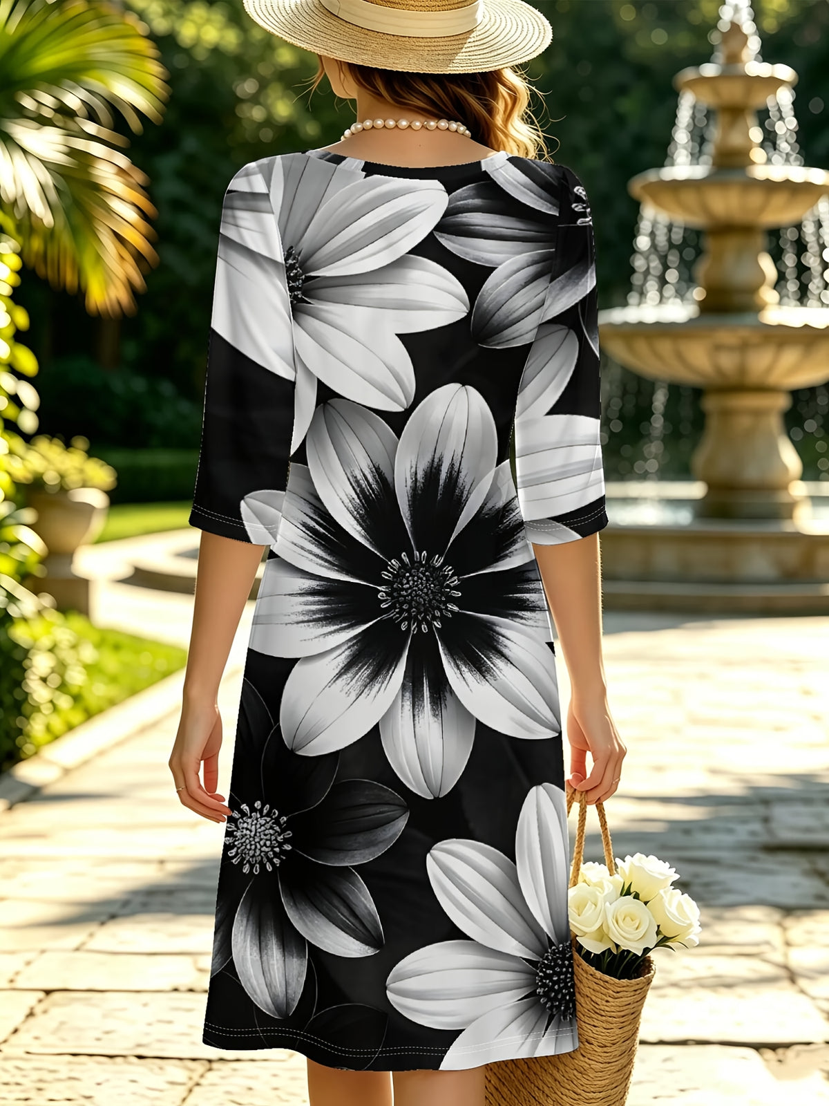 Black White Daisy Print Women'S Fall Winter V-Neck Slit Dress, Casual Gift for Party, Elegant Business Commute, Figure-Flattering Trendy Digital Print - Multicolor
