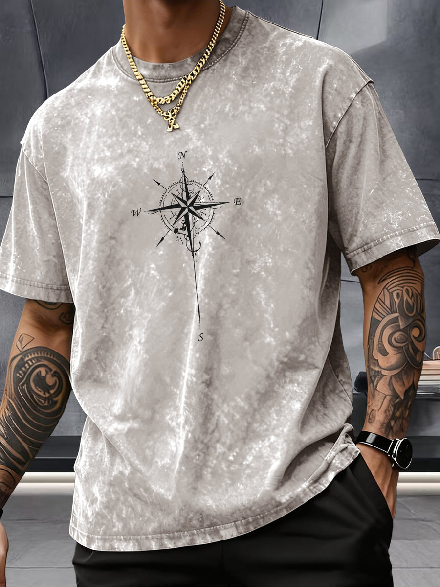 Men's Washed Distressed Pure Cotton Loose Fit Drop Shoulder T-Shirt with Vintage Compass and Anchor Line Graphic Print on Front and Back, Versatile American Streetwear High Street Hip-Hop Style, Couple's Matching Outfit for Streetwear, Daily Outings - Apricot