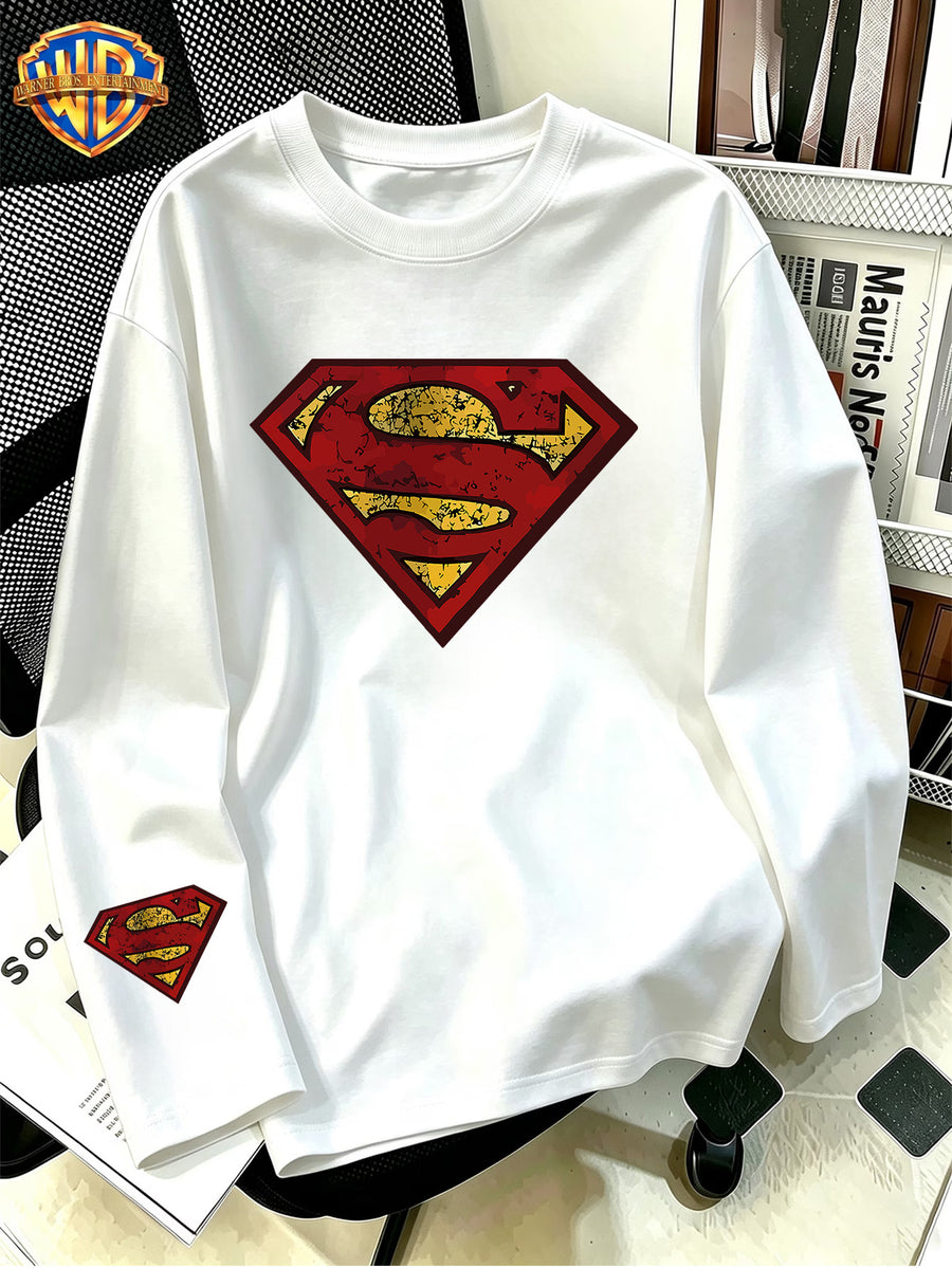 Superman Retro Cracked Distressed Badge Print, Men'S Breathable Athletic Long Sleeve T-Shirt, 100% Round Neck Casual Base Layer, Comfortable And Skin-Friendly for Sports, Exercise, Daily Outings - White