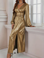 Cat Ears" Women's Fashion V-Neck Long Split Dress - Champagne