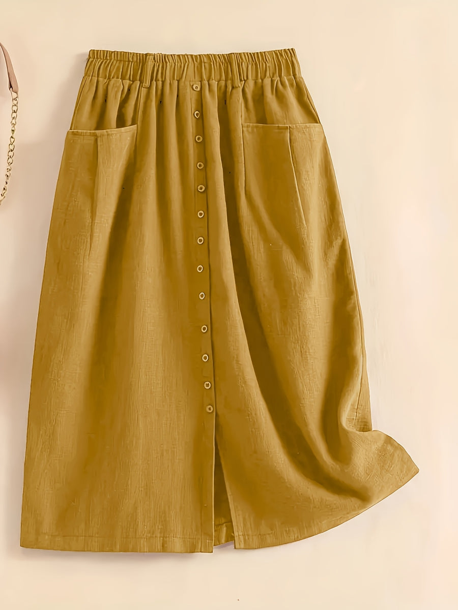 Spring/Summer/Autumn Lightweight Korean-Style Vintage Linen Loose Skirt with Elastic Waistband and Pockets, Mid-Length Women's Skirt - Yellowish-brown
