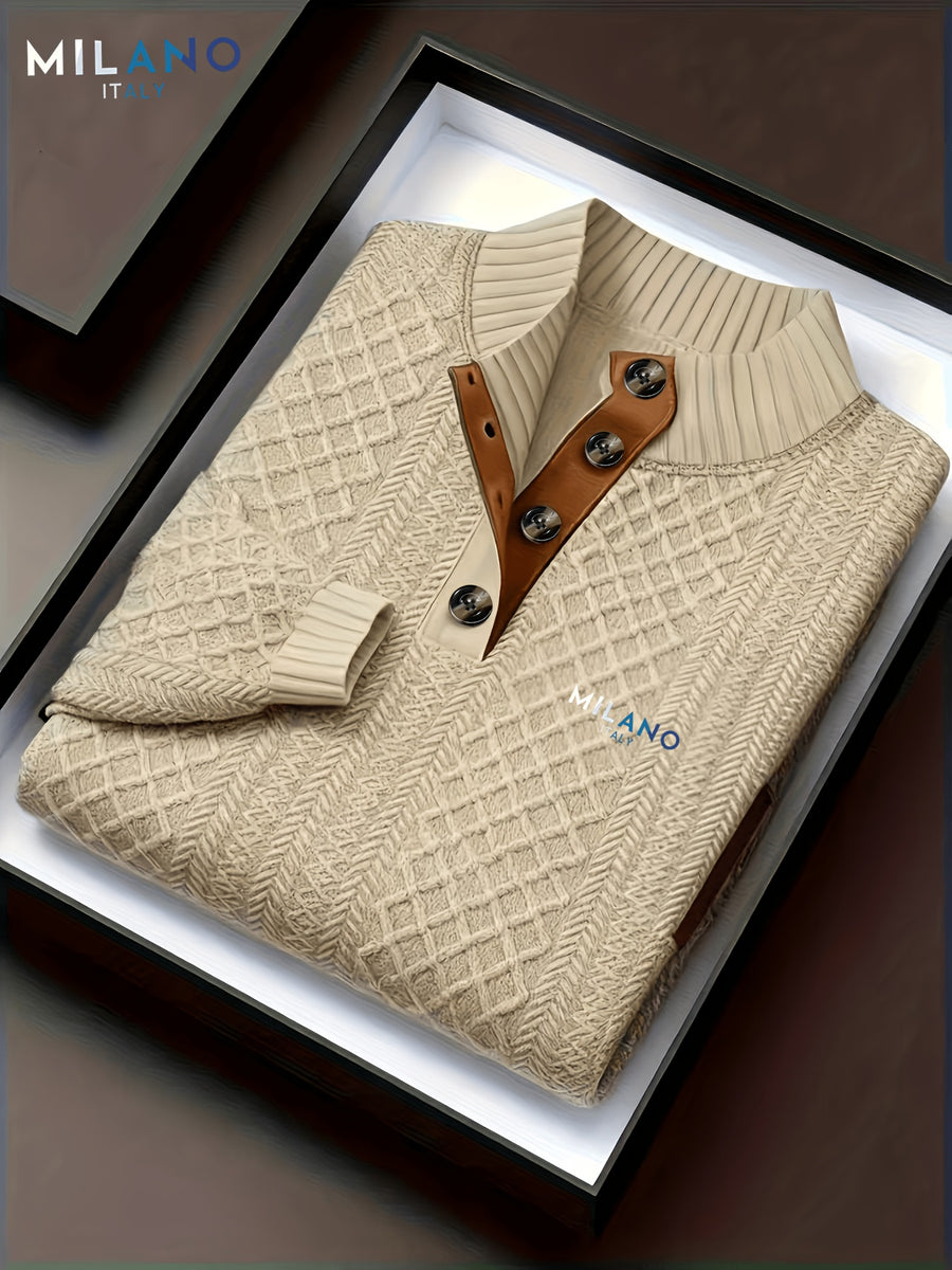 Men's Stand Collar Textured Jacquard Knit Henley Shirt with Light Luxury Buckle Patchwork, Long Sleeve Autumn/Winter Business Top - Khaki