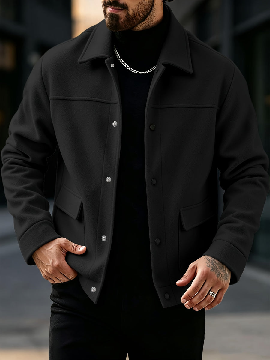 Men's New Autumn/Winter Lapel Tweed Jacket, Loose Drop-Shoulder Snap-Button Design, Multi-Pocket Workwear Style, Business Casual Versatile Outerwear Top - Black