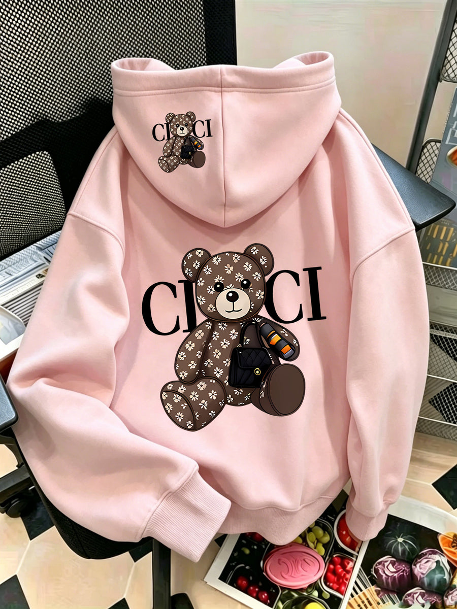 Women Hoodie Sweatshirt, Retro Floral Bear Letter Graphic Pullover Top, Casual Loose Fit Trendy Cartoon Hooded Sweatshirt, S-XXL - Pink Color