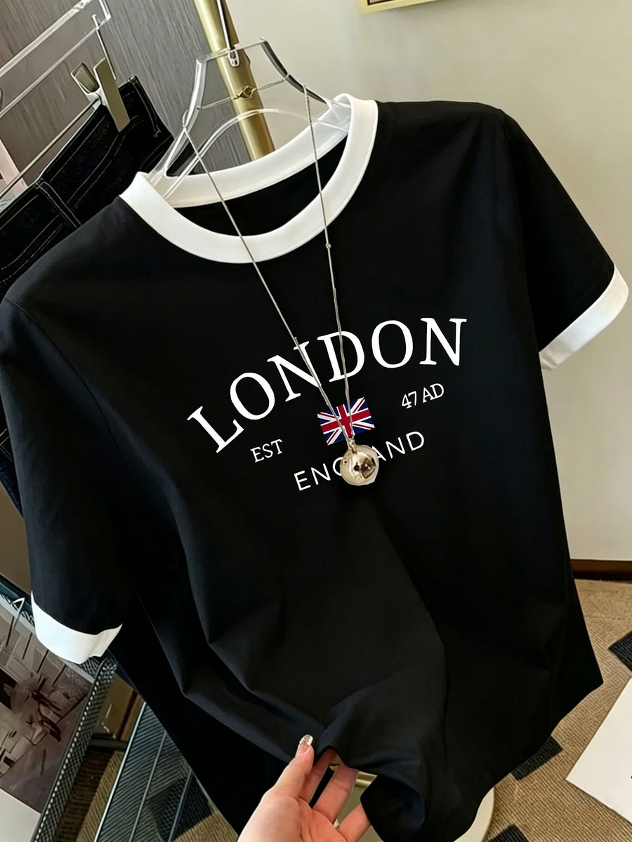 A Spring/summer Casual Loose-fitting T-shirt That Conceals Curves, Featuring a Versatile Color-blocked Round Neck and Short Sleeves, with a Simple and Stylish London Flag Letter Print Pattern. Women's Clothing - D374-L17570 - Black And White