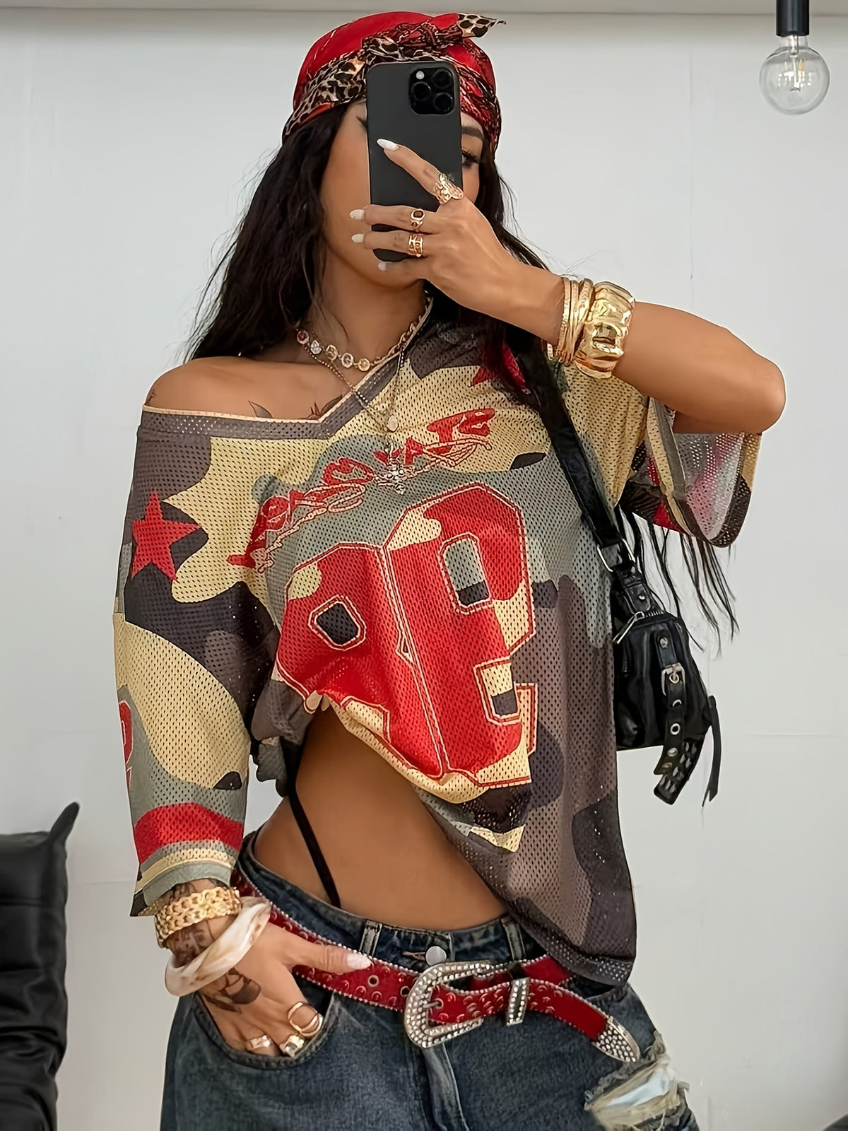 Women'S V-Neck Off-Shoulder Short Sleeve Hip-Hop Style T-Shirt, Mesh Breathable Fabric, Number Print, Suitable for Street Casual Wear, Fashion Color-Block Top, Spring Summer Outfit Jersey Top - Mixed colors
