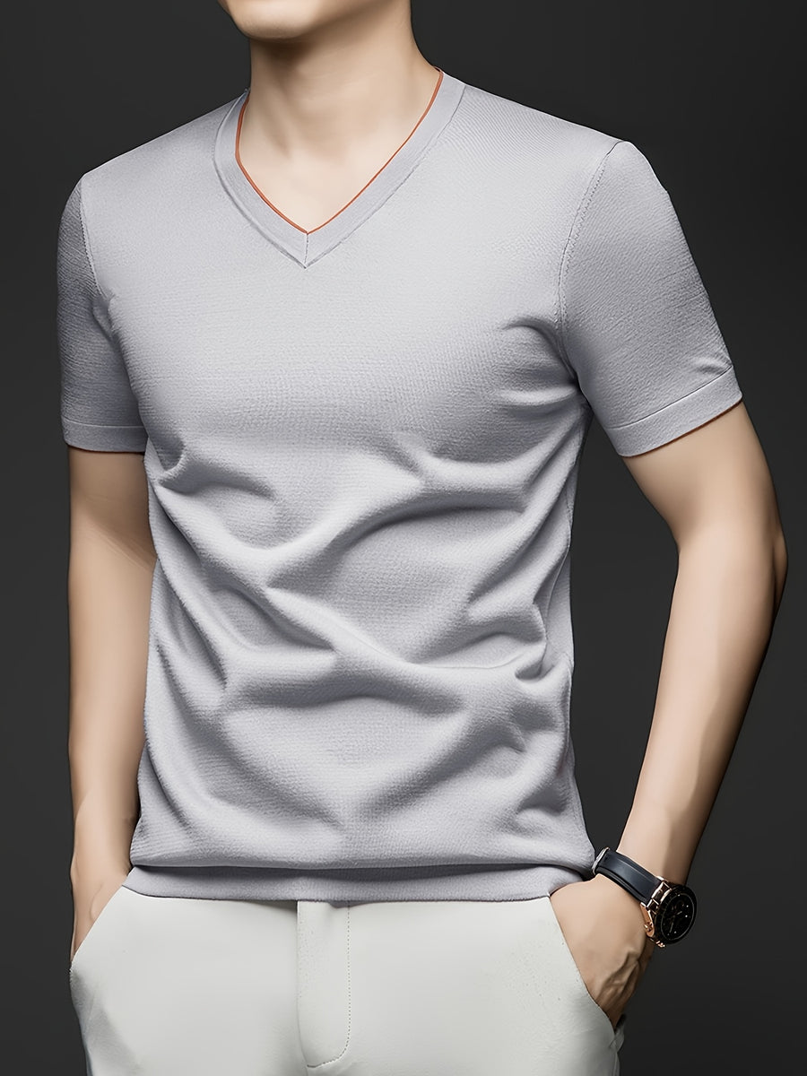 Men'S Casual Sportswear Sweater, Knitwear Summer New Men'S Casual V-Neck Pullover Short-Sleeved T-Shirt Middle-Aged Solid Color Knit T-Shirt Half-Sleeve Top - Silvery Grey