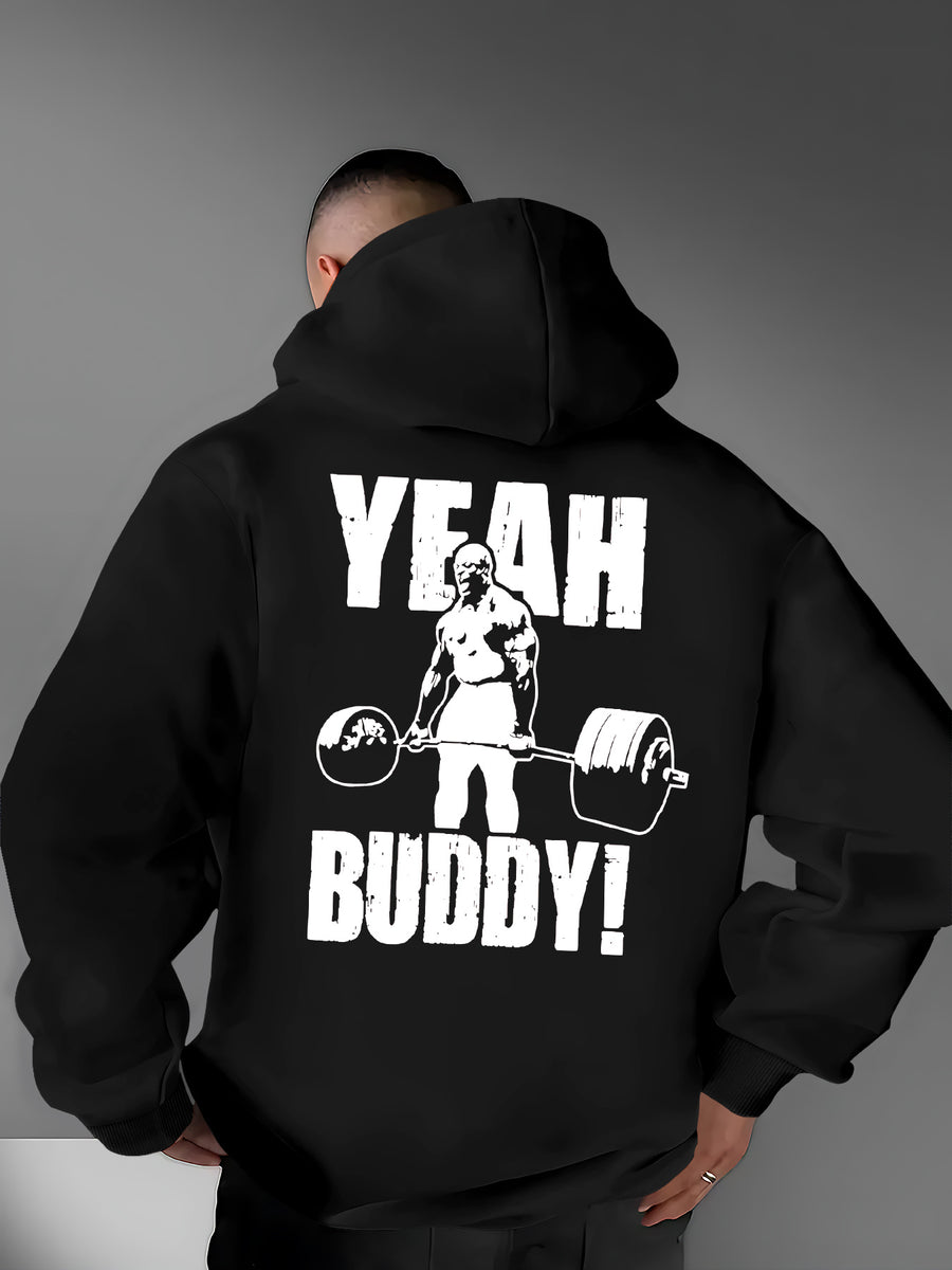 Men's Casual Versatile Hooded Sweatshirt, Fashionable and Trendy Fitness Graphic Print, Outerwear for Outdoor and Home Wear, Men's Casual Pullover Hooded Sweatshirt - Black