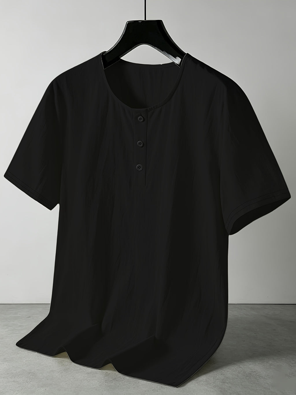 Men's Summer Linen Short-Sleeve T-Shirt, Casual Crew Neck Top, Breathable Lightweight Beachwear - Black