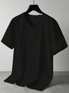 Men's Summer Linen Short-Sleeve T-Shirt, Casual Crew Neck Top, Breathable Lightweight Beachwear - Black