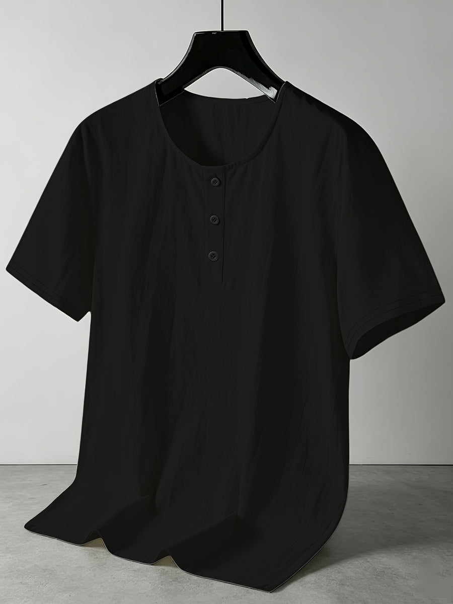 Men's Summer Linen Short-Sleeve T-Shirt, Casual Crew Neck Top, Breathable Lightweight Beachwear - Black