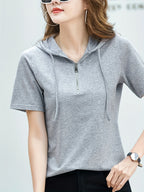 Women's Hooded T-Shirt - Lightweight Summer Blouse with Drawstring Hood, Casual Everyday & Formal Outfits - Easy-Care Non-Transparent Top for Women, Versatile Outfit, Fashionable Pullover, Soft Fabric, Relaxed Fit, Pullover Style, Comfortable Fit, Short - Flecking Gray