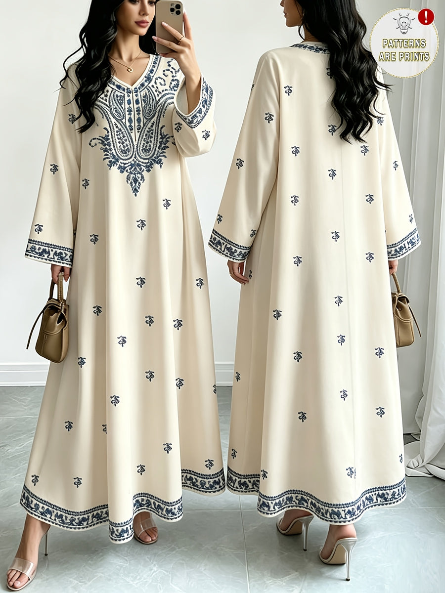 Plus Size, Women's Plus Size Bohemian Maxi Dress Suitable for Middle Eastern Robe - -Line -Length Dress with Ethnic Print & Contrast Suitable for Daily Wear, Parties, Vacations, Commuting - Spring/Autumn Long Sleeve Dress - Apricot