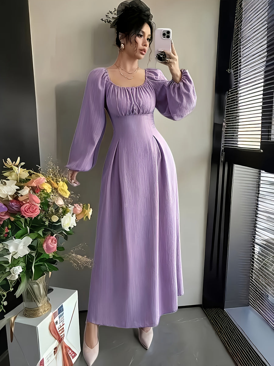 A-Line Long Dress for Women Featuring a Solid Color, Elegant Lantern Sleeves, And a Back Tie Detail - Fitted Bodice with a Flowing Skirt, Suitable for Spring, Summer, And Fall, Machine Washable Long Sleeve Dresses - Purple