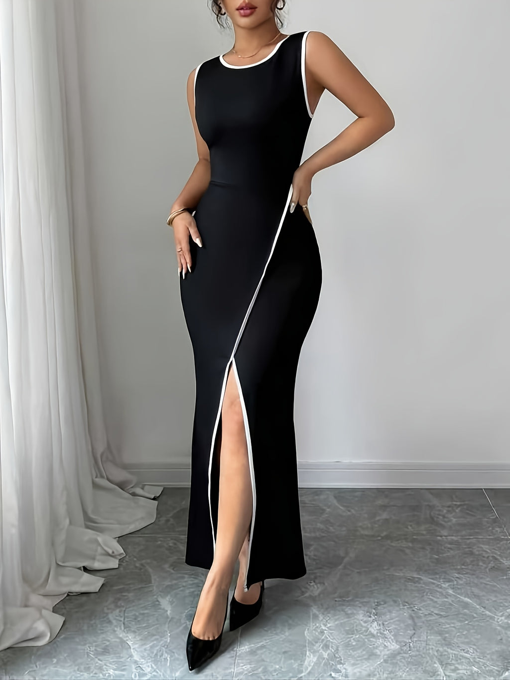 Elegant Exquisite Stylish Women's Bridesmaid Dress, Sleeveless Round Neck Design, High Side Slit with White Piping, Slim Fit Bodycon Long Dress, Sexy Elegant Women's Dress for Party, Evening Event, Date & Daily Commute - Black