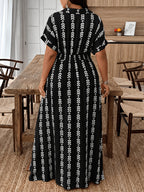 Plus Size Pink Geometric Print Shirt Dress, Women'S Short Sleeve Tie Front Maxi Dress, Casual Button A-Line Dress for Curvy Ladies 2026SS - Black