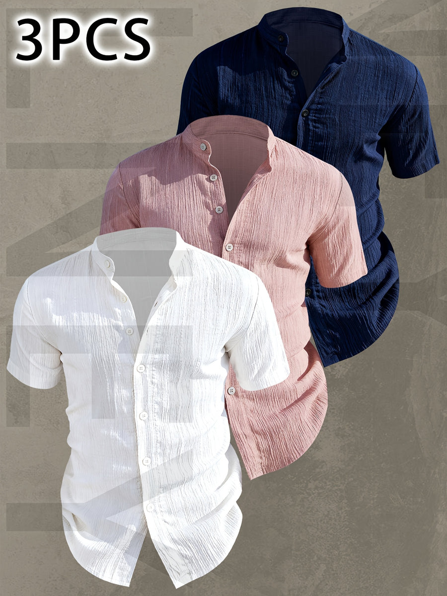 [Uomo Le Mi OBM] 3pcs Men'S Summer Short Sleeve Shirts | Lightweight Breathable Solid Color Button-Up Casual Shirts with Stand Collar, Machine Washable for Beach Vacation, Pool Party & Casual Attire, High Quality, Dad Christmas Gifts, Slim Fit, Daily - Mixed Color 11