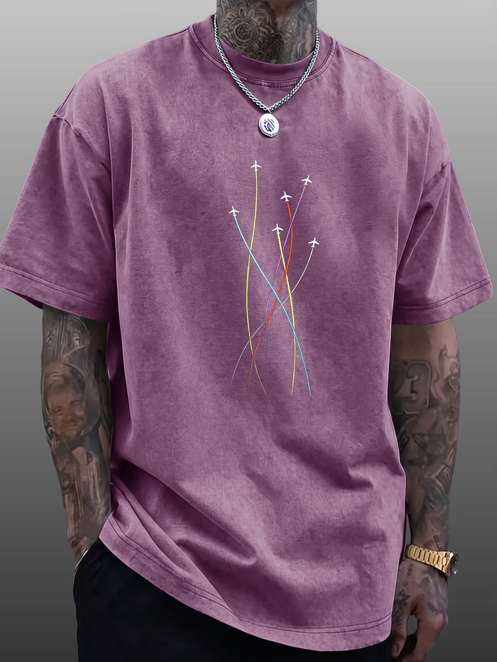 Men's Short-Sleeve T-Shirt, Pure Cotton Loose Fit Half-Sleeve Top, Washed Distressed Colorful Airplane Route Lines, Trendy Reversible Double-Sided Print, Multiple Colors for  Mix & Match, American Streetwear Hip-Hop High Street Style, for Daily - Purple