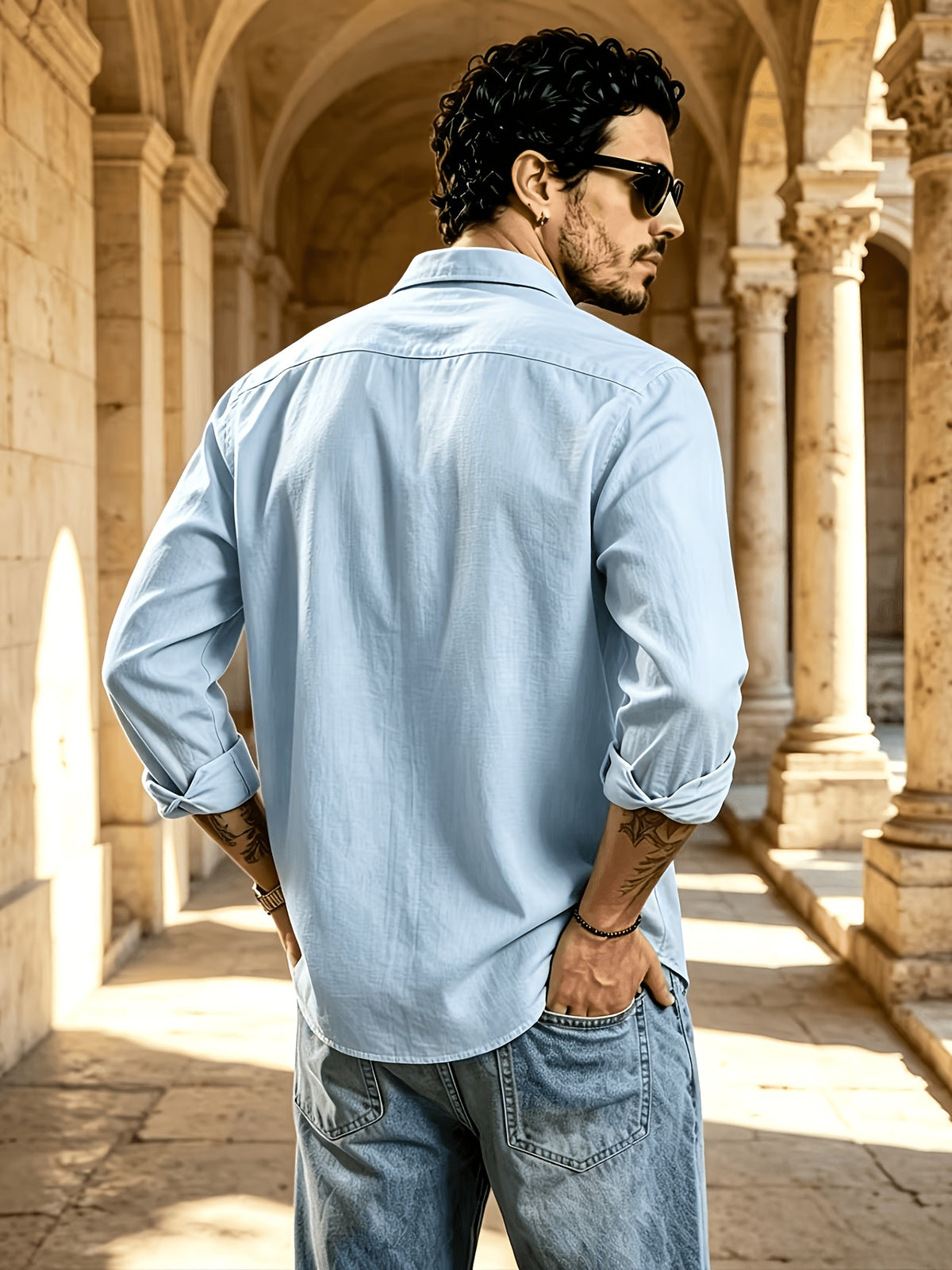 Men's Button Front Long Sleeve Shirts for Summer, Classic Solid Color Lapel Casual Work Shirts, Loose Fit Lightweight Breathable Daily Tops, Vintage Fashion Outdoor Vacation Blouses - Sky Blue