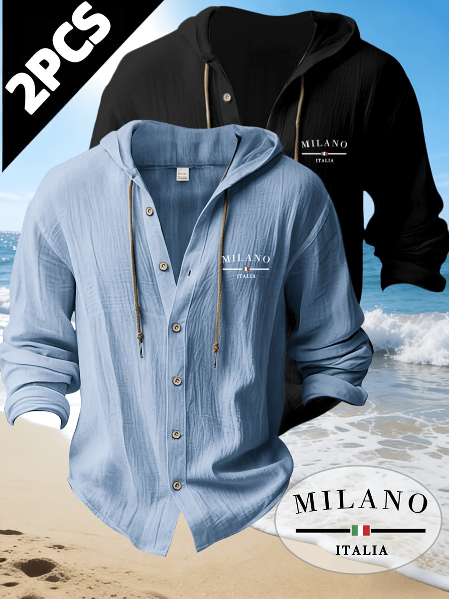 Zhiyu OBM 2pcs Men's Fashion Casual Beach Style Hooded Long Sleeve Open Front Cardigan | High-End Skin-Friendly Soft Shirt | 100% | Essential Golf Beach Polo Outfit | Breathable and Lightweight | for Indoor Gatherings and Outdoor Sports | Wardrobe - Black+Blue