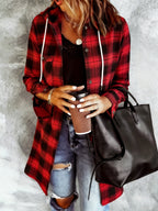 Women's Casual Long-Sleeve Lapel Shirt, Long Plaid Hooded Shirt with Drawstring Hood, Practical Chest Patch Pocket, Button Closure, Front Placket Design, Vintage Casual Style - Red And Black Plaid