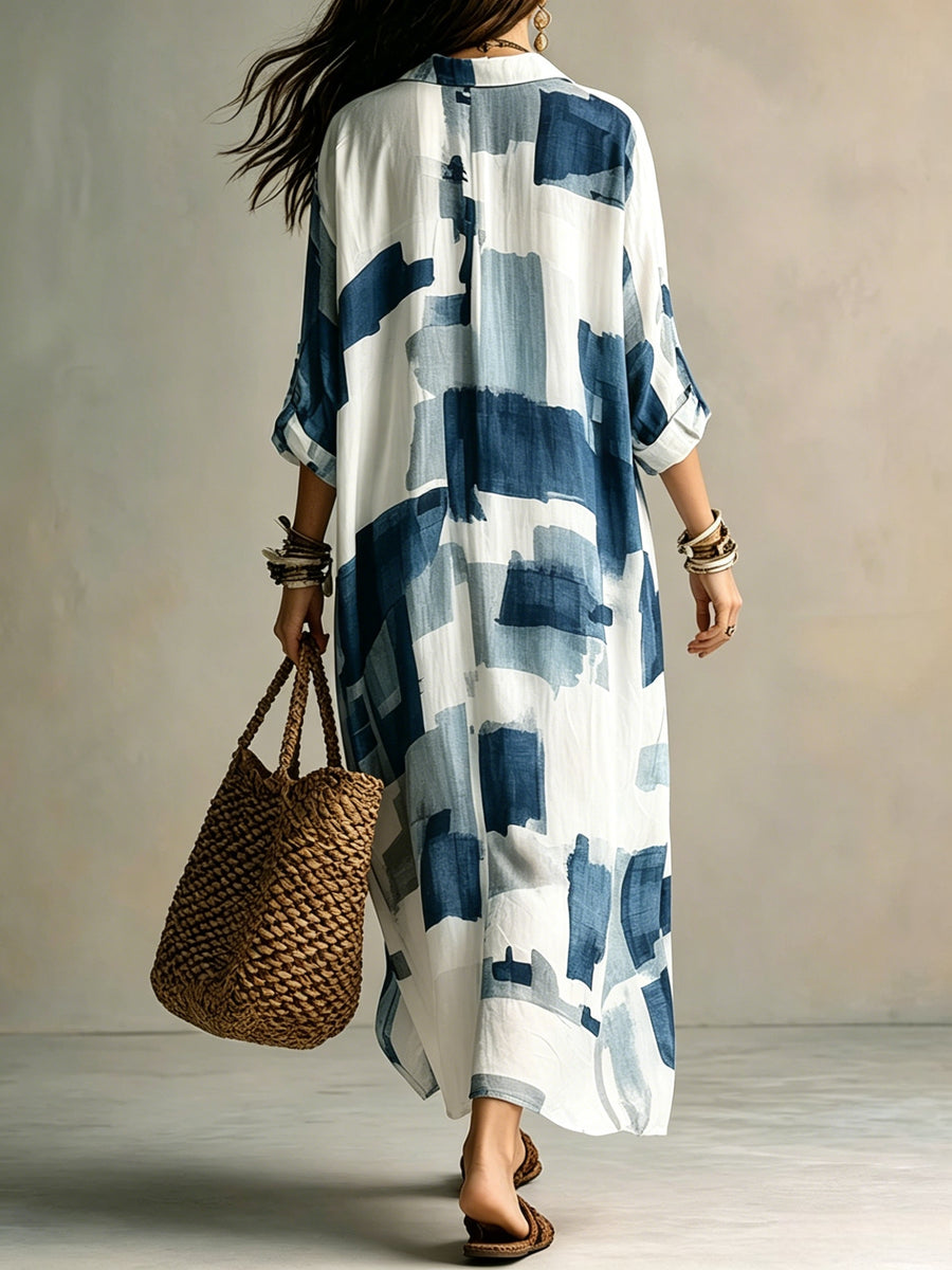 Women'S Temperament Lapel Loose Long Sleeve Dress, -Like Blend Fabric Skin-Friendly Breathable Vacation Commute Daily Versatile Style, Easy Design Spring Summer Fall Fresh Lazy Style Long Dress - Sky Blue