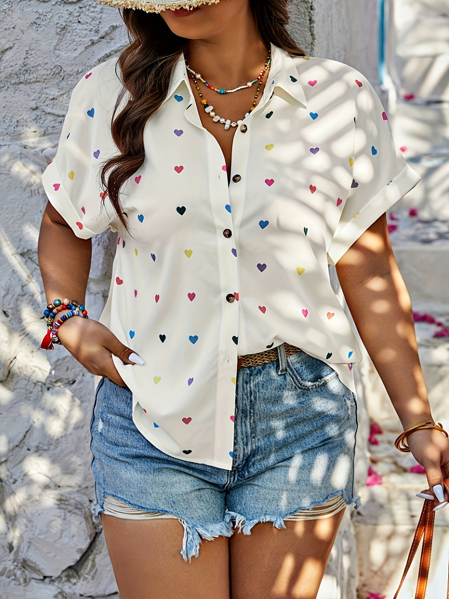 Women'S Heart Print Button-Up Short Sleeve Blouse - White