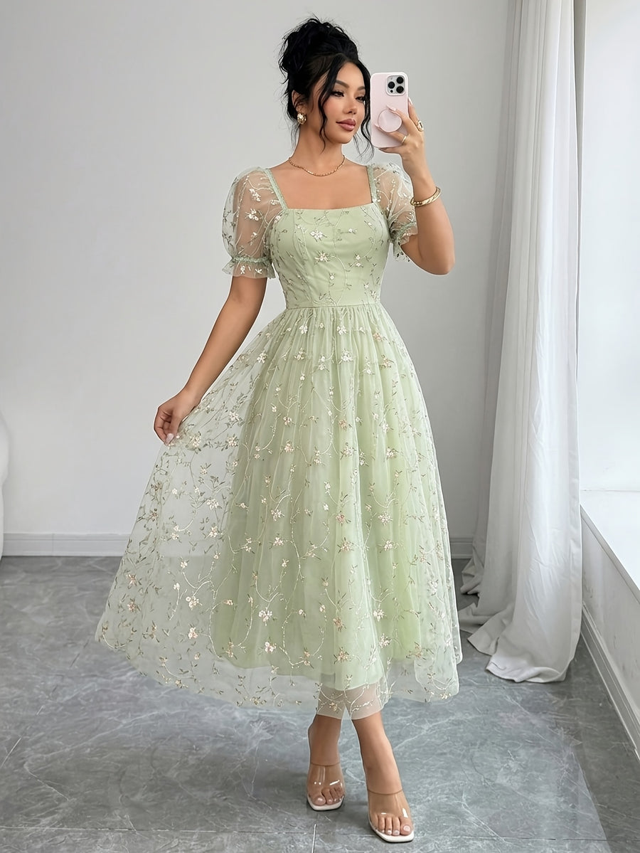 Women's French-Style -Line Dress with Square Neck & Mesh - Elegant Suitable for Weddings, Parties, - Machine Washable Non- Dress for Year-Round Wear, Fashion - Light Green
